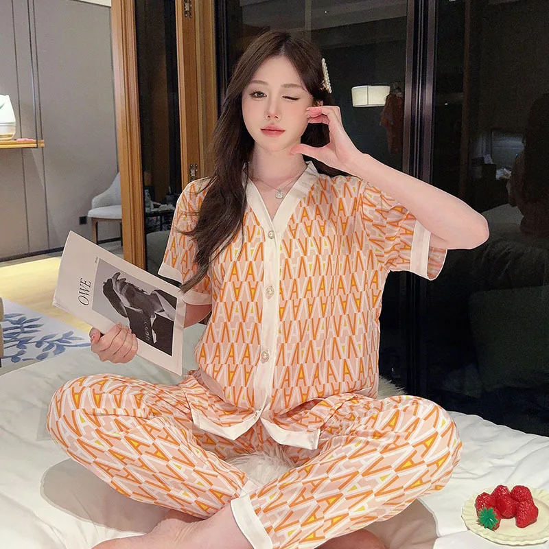 Summer 4XL Pajamas Set Female Spring and Summer Casual Gauze Home Clothe Cute Sweet Two Piece Set Sleepwear Korean Fashion Sets