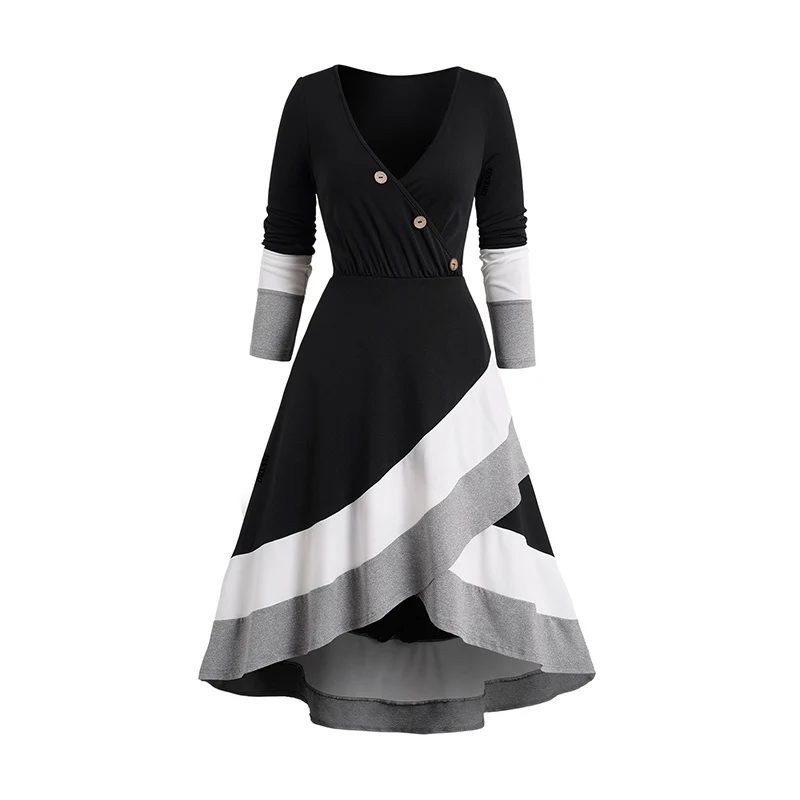 

Dressfo Women's Black Dresses Colorblock Panel Overlap High Low Midi Dress Mock Button Surplice Plunge Long Sleeve Dress