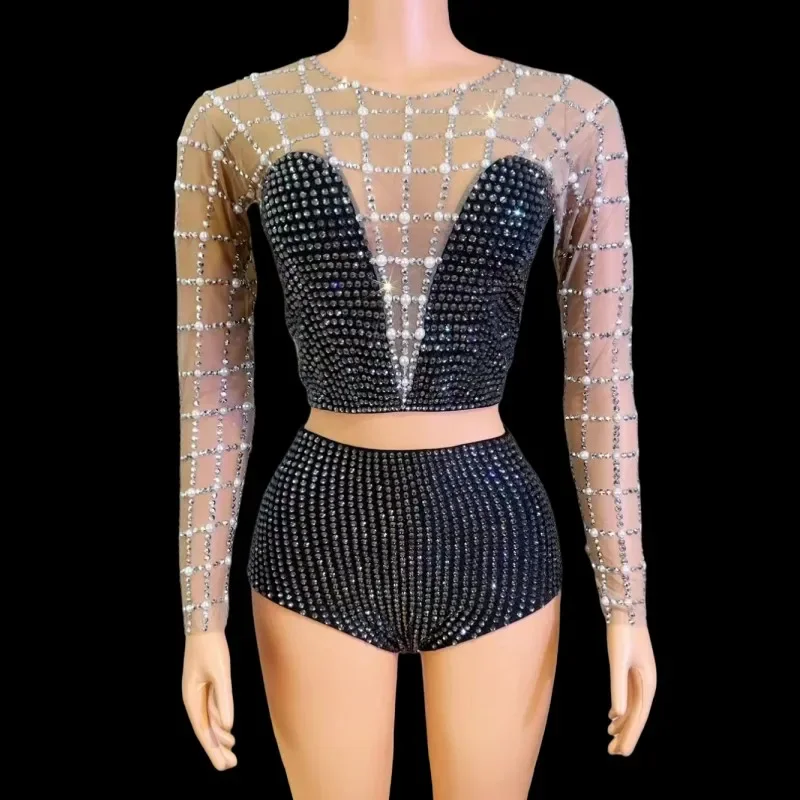 النساء السراويل قمم سباركلي الراين قطعتين اللؤلؤ مجموعة مثير رقص الجاز الزي المغني راقصة فريق مرحلة الأداء زي