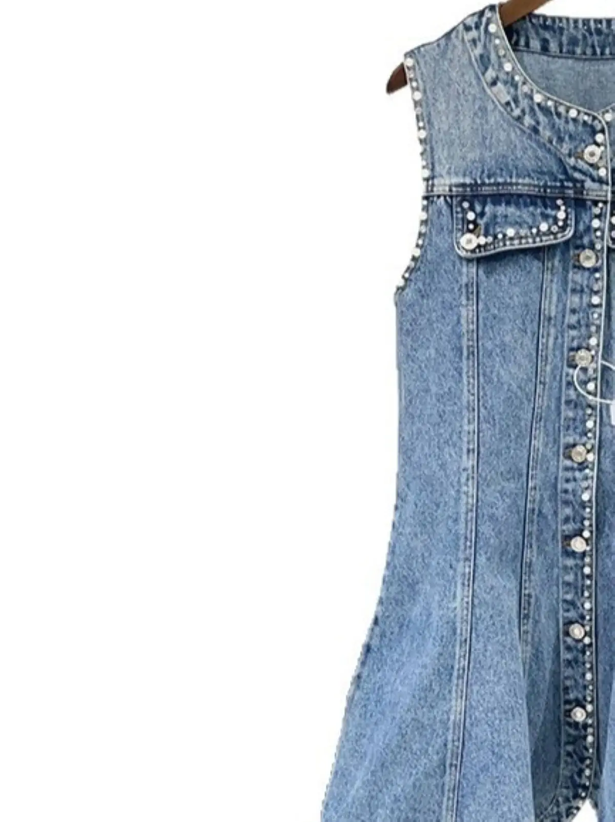 

Spring/Summer Women O-Neck Sleeveless Rhinestone Denim Dress Pleated High Waist A-line Single Breasted Slim Fashion Mini Dress