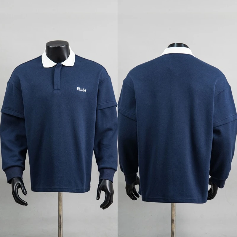 Streetwear Splicing Fashion Rhude Long Sleeve Embroidery Polo Shirt New Arrivals Lapel Tops Men Loose Casual Pullover