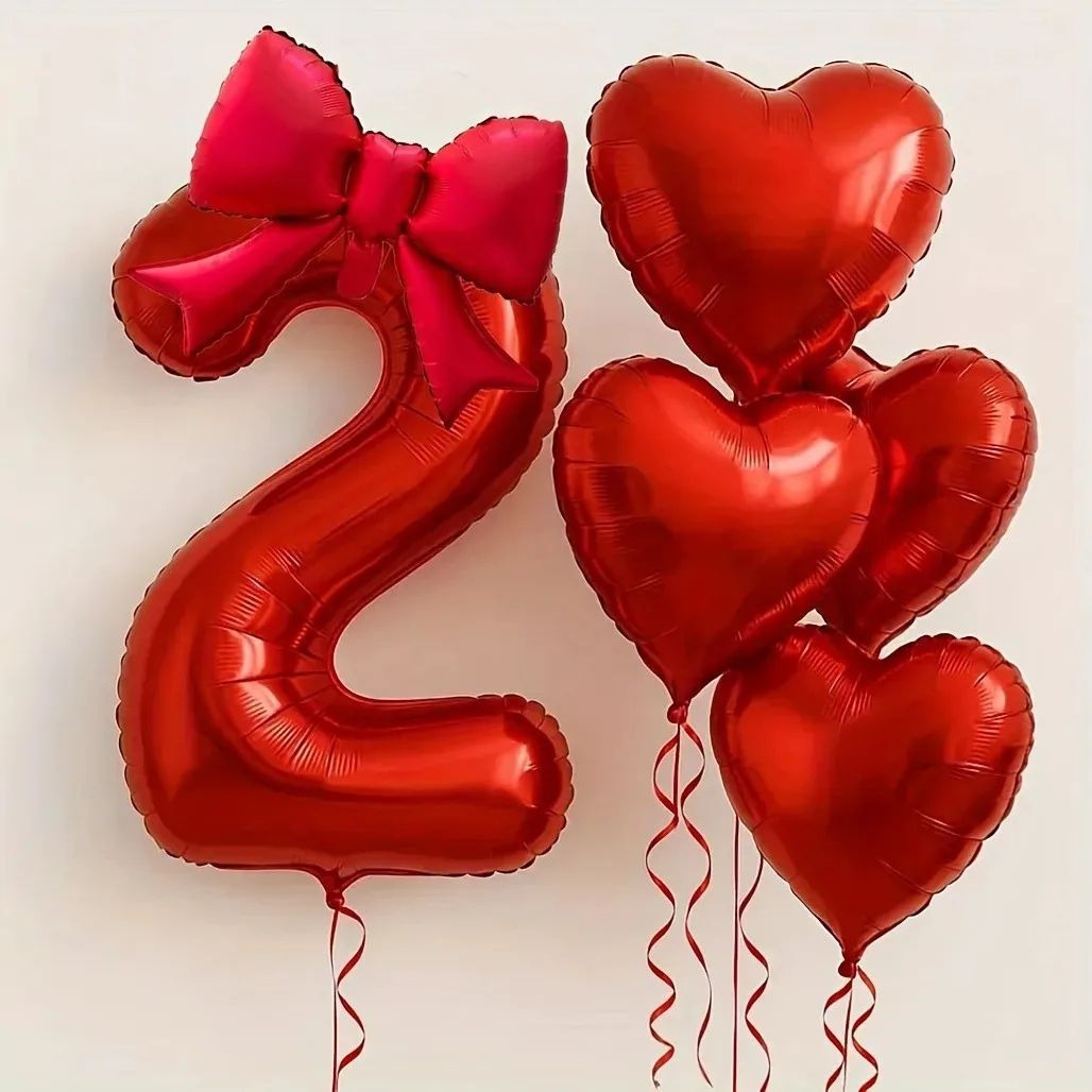 6 Teile/satz Rote Herz Schleife Folienballons mit 32in Zahlen Ballon für Geburtstag Hochzeitstag Romantische Atmosphäre Dekor Geschenke