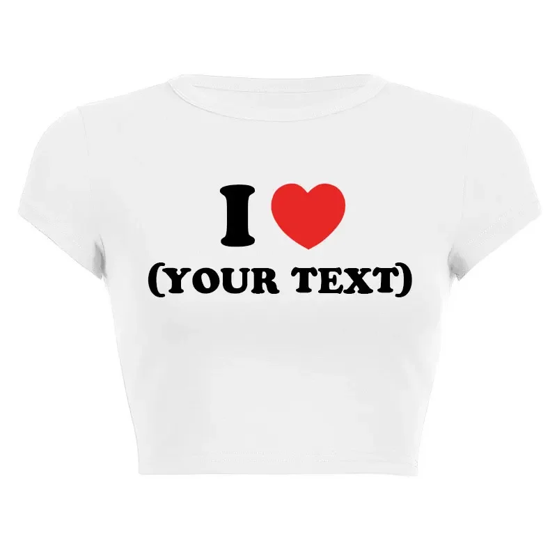 DIY Customize Your Text Couple Summer Casual Short Sleeve O Neck Cropped Navel Women Crop Tops Soft Bodycon Fashion Tees Blouse image 2