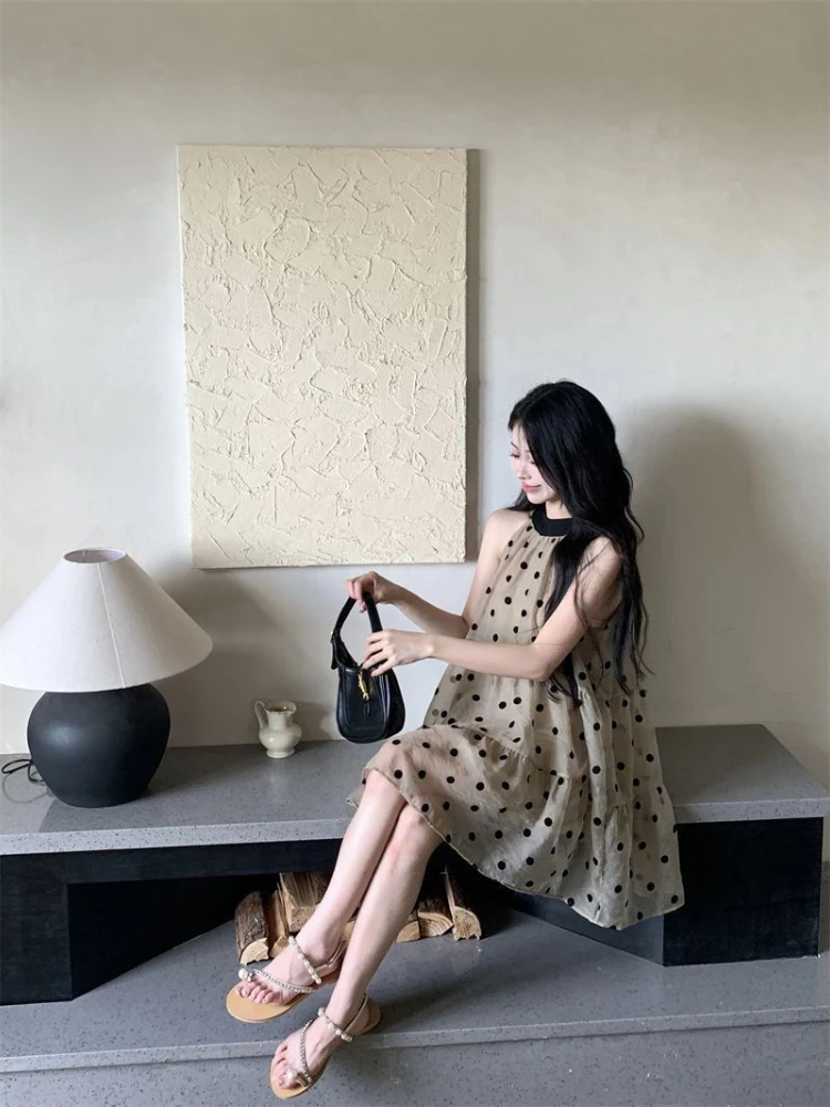 2025 جديد ربطة القوس فيونكة الرسن البولكا نقطة فستان المرأة الصيف مزاجه فضفاض ألف خط فساتين صغيرة الحلو فساتين الحفلات عادية #4