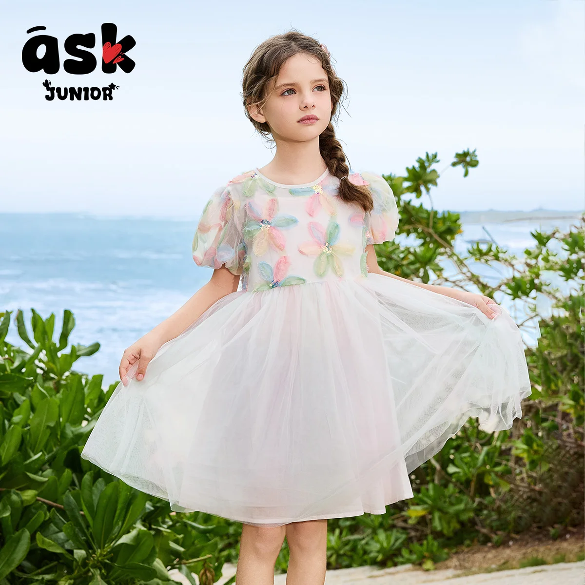 اسأل الفتيات الصغار فستان صيفي لون زهرة الأميرة شبكة اللباس فقاعة الأكمام طاقم الرقبة الأطفال عطلة اللباس الشاطئ #2