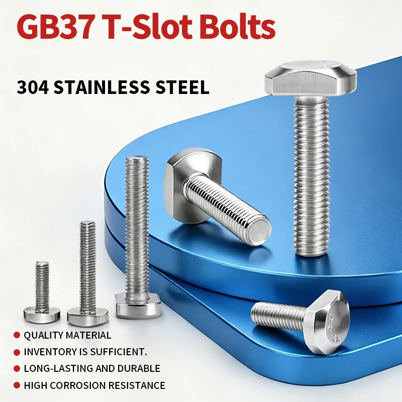 Square Head T Bolt GB37 Standard A2-70 304 SS Slide Bolt Hammer Head Screw M5 M6 M8 M10 M12 Metric Fastener Fit Aluminum T Slot