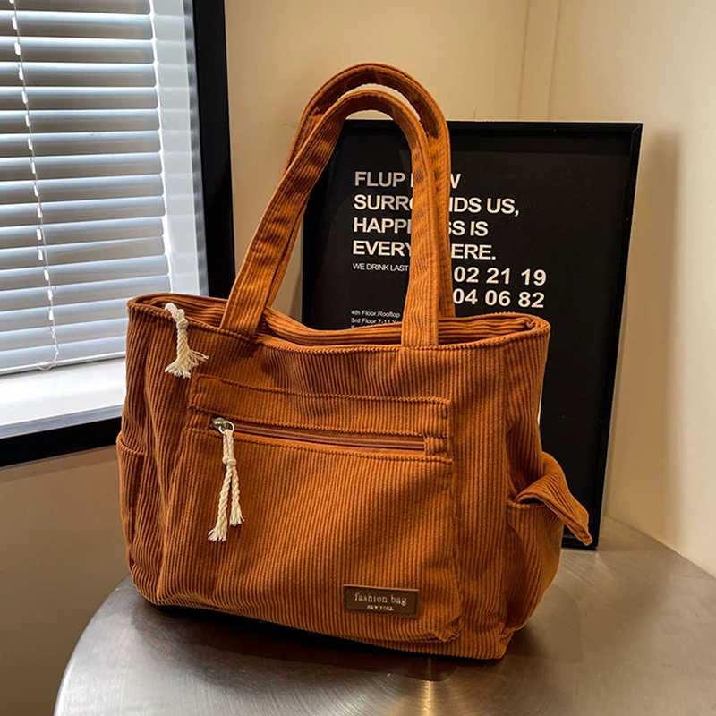 

Fashion Handbag Retro Corduroy Tote Bag Solid Color Versatile Shoulder Bag For School Work Shopping Large Capacity Purse