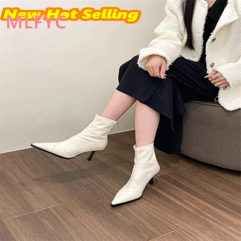 

Women's short boots, thin heeled soft leather pointed bare boots, new high heels for autumn and winter in Europe and America