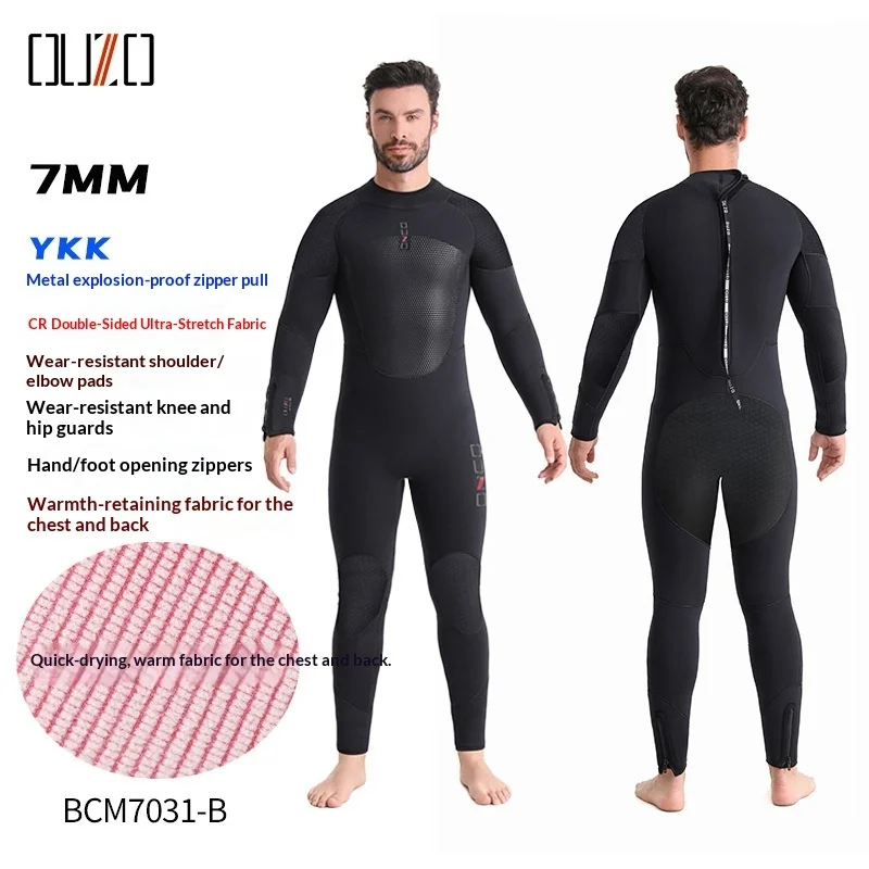 7mm CR Super Stretch One Piece Long Sleeve Wetsuit Thick Cold Proof Thermal Diving Suit for Scuba Diving Surfing, Black XS‑3XL