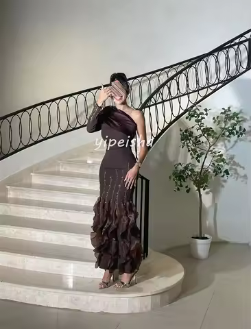 Customized Intricate Jersey Sequined Beading Rhinestone Evening Dress Ruched Mermaid One-shoulder Prom Dresses Casual