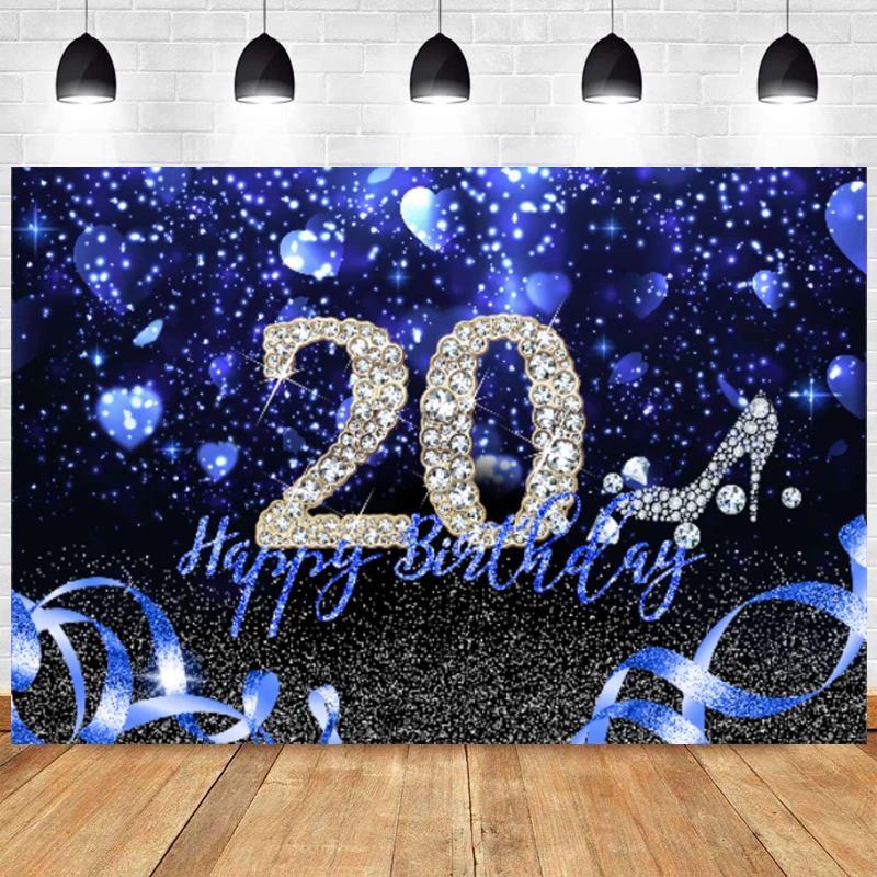 

20 Years Birthday Blue Backdrop Women Men 20th Twenty Party Decoration Banner Glitter Diamond Heart Photo Background Photography