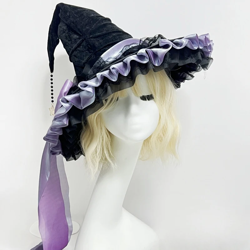 Elegant Witch Hat with Bowknot Spooky Ruched Adjustable Halloween Costume Accessory for Womenwizard Hat Party Supplies