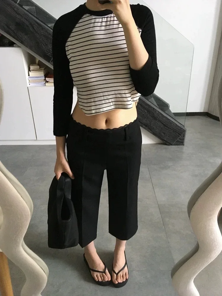 Vintage black lace waist-top straight-leg suit pants for women - 2026 summer new style, slimming and stylish casual pants
