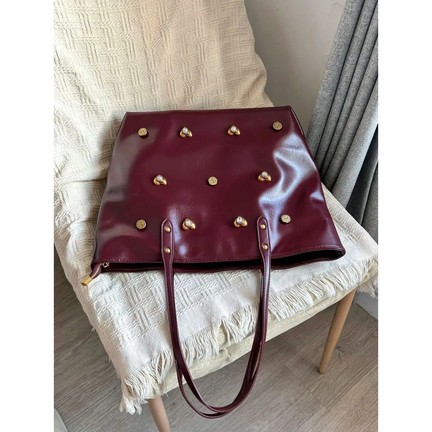 Miyagawa Retro Wine Red Large Capacity Oil Wax Skin Diamond Tote Bag Autumn Winter Commuter Handheld One Shoulder Underarm Bags