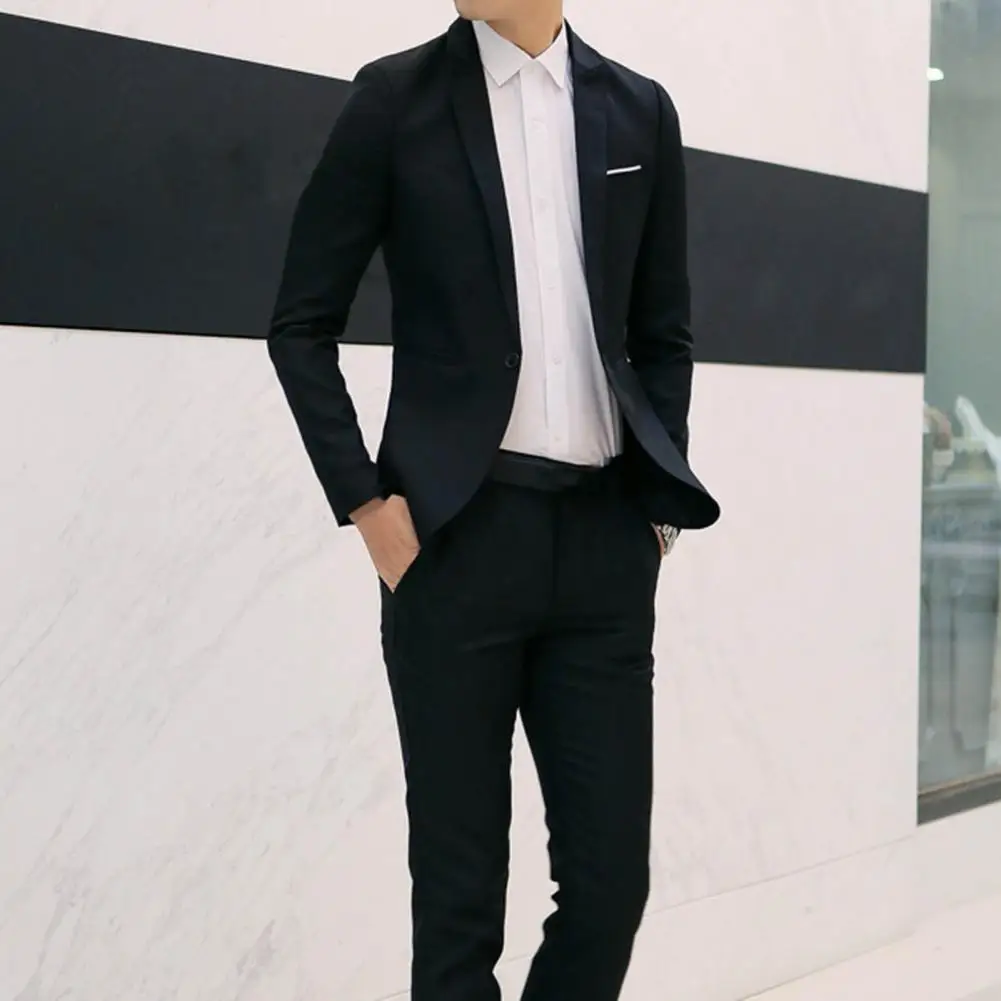 1 Set Attractive Groom Suit Super Soft Men Suit Solid Color Slimming Pure Color Blazer Pants  Fine Stitching