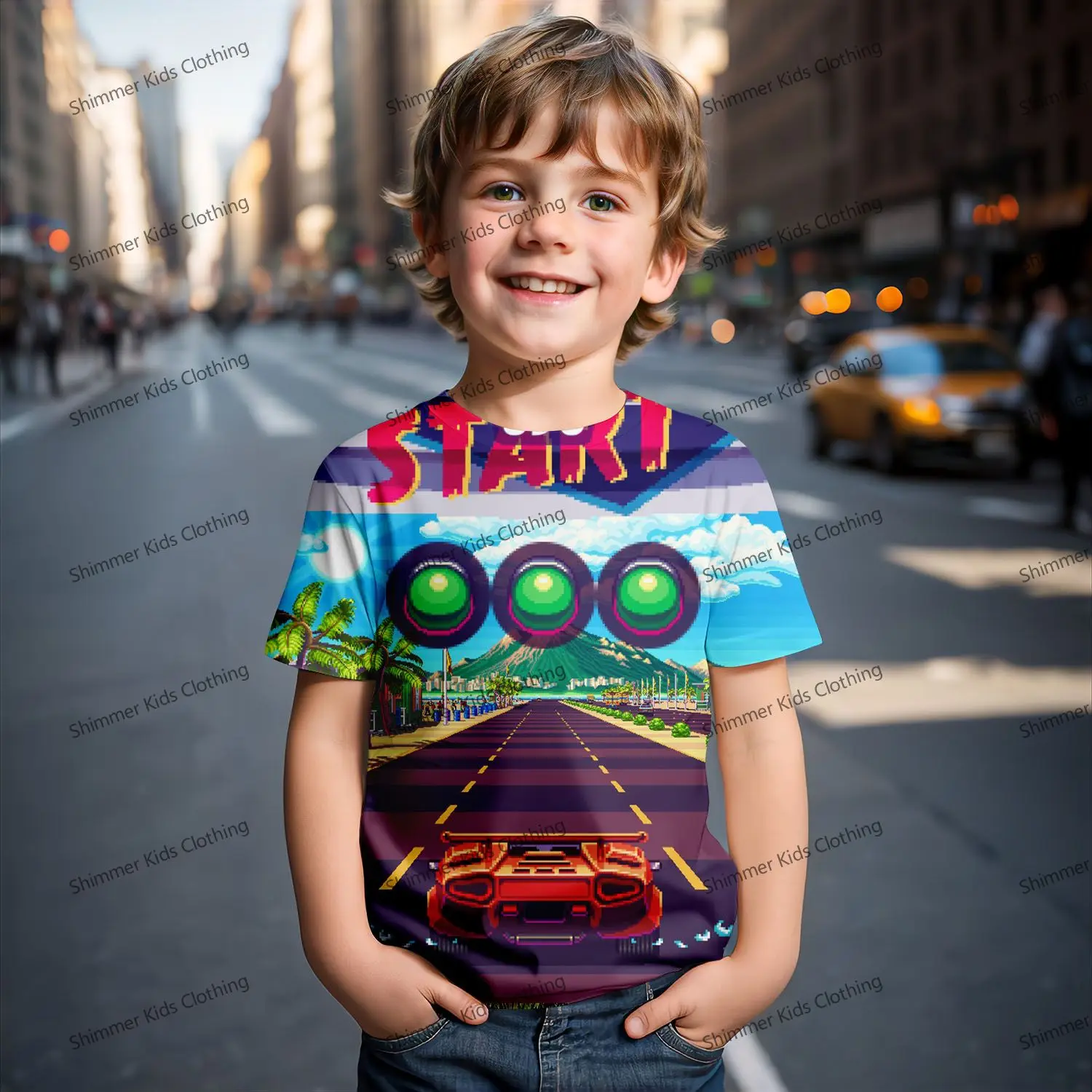 2024 Summer 8 Bit Style Racing 4-14 Years Children's Kids Cute Girls Cool Boy Lightweight and Breathable 3D Print T-Shirt Tops