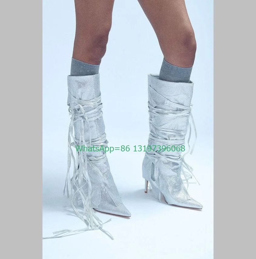 

Lady sliver sequins design calf boots pointed toe lace-up rhinestone sliver bling sequins knee boots vintage footwear size 3546