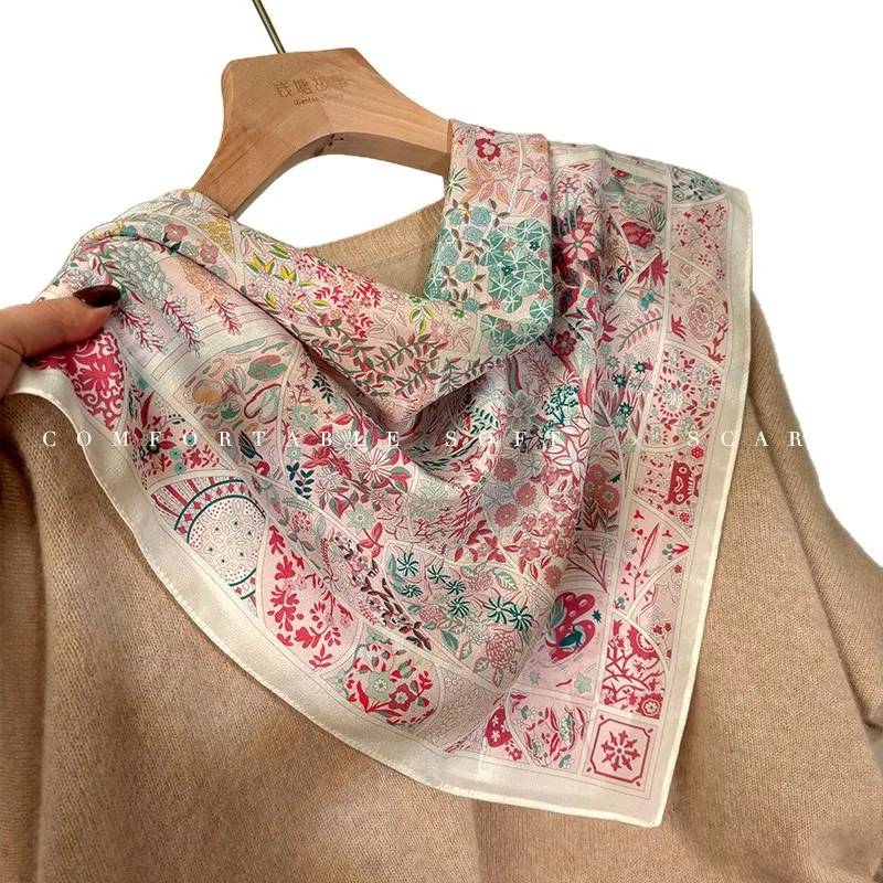 elegant-floral-garden-print-silk-twill-scarf-pink-green-neck-wrap-headband-bag-accessory-for-all-occasions