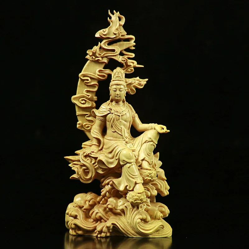 

Boxwood Carving Water Guanyin Moon Goddess of Mercy Round Carving Craft Gifts