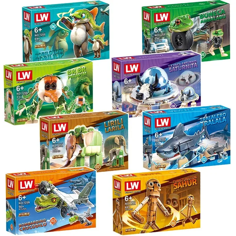 'Animales cerebrales italianos Tung Tung SahurBuilding Blocks Tralalelo Tralala tiburón BricksToy regalo para niños caja ciega