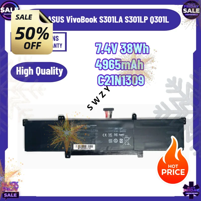SWZY 7.4V 38Wh 4965mAh C21N1309 Laptop Battery for ASUS VivoBook S301LA S301LP Q301L C21PQ2H 0B200-00580100M Tablet NEW
