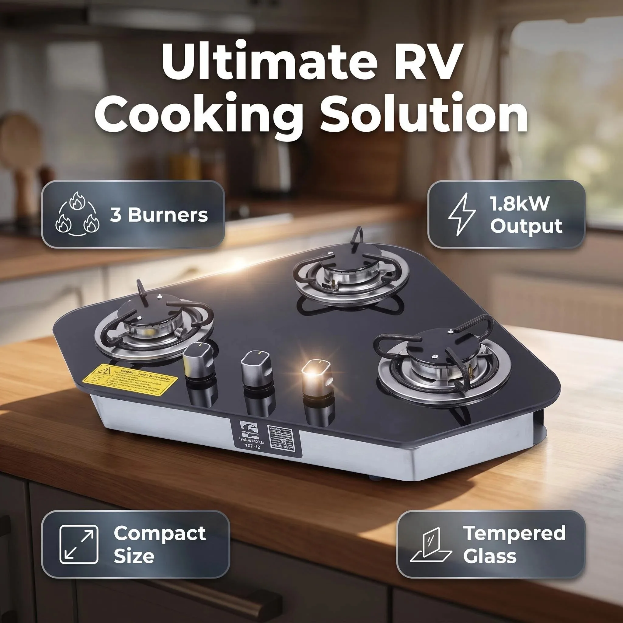 GR RV Tempered Glass Panel 3 Burner Built-in Stainless Steel L.P.G. Gas Cooker Electric Ignition Black Campervan (380x300x70mm)