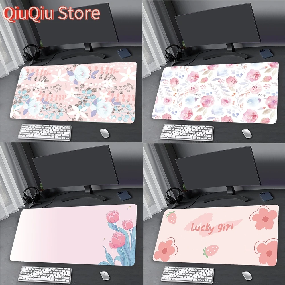 Großes Mauspad im nordischen Stil, Blume, Büro, Tastatur, Schreibtischunterlage, rosa Blumenblüte, 900 x 400 Teppich, Teppich, Landschaft, Computerkunst, Mauspad