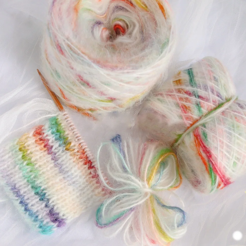 

Plush Mohair Yarn for Knitting Sweater, Hat Scarf Crafts, DIY Crochet Thread, Fuzzy Puffy Rainbow Color, 4x50g Ball = 200g