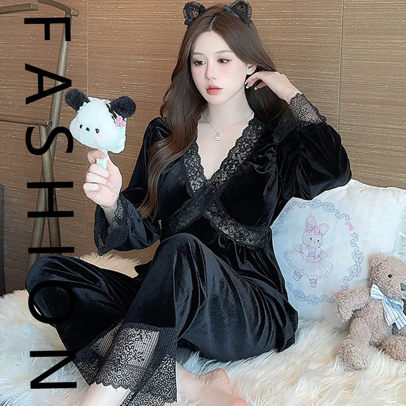 

Pajamas women's spring and autumn 2025 new long-sleeved trousers set autumn lace sweet net red with chest pad loungewear new