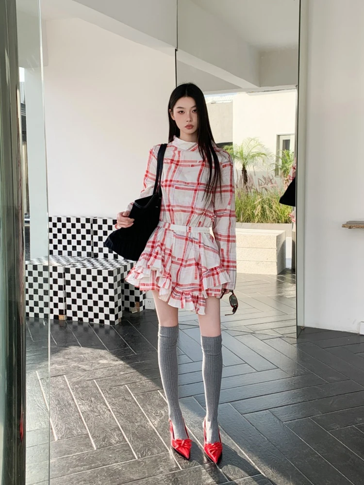 Women's retro red checkered irregular low waist fashionable high-end design sense girl's shirt mini dress 2025