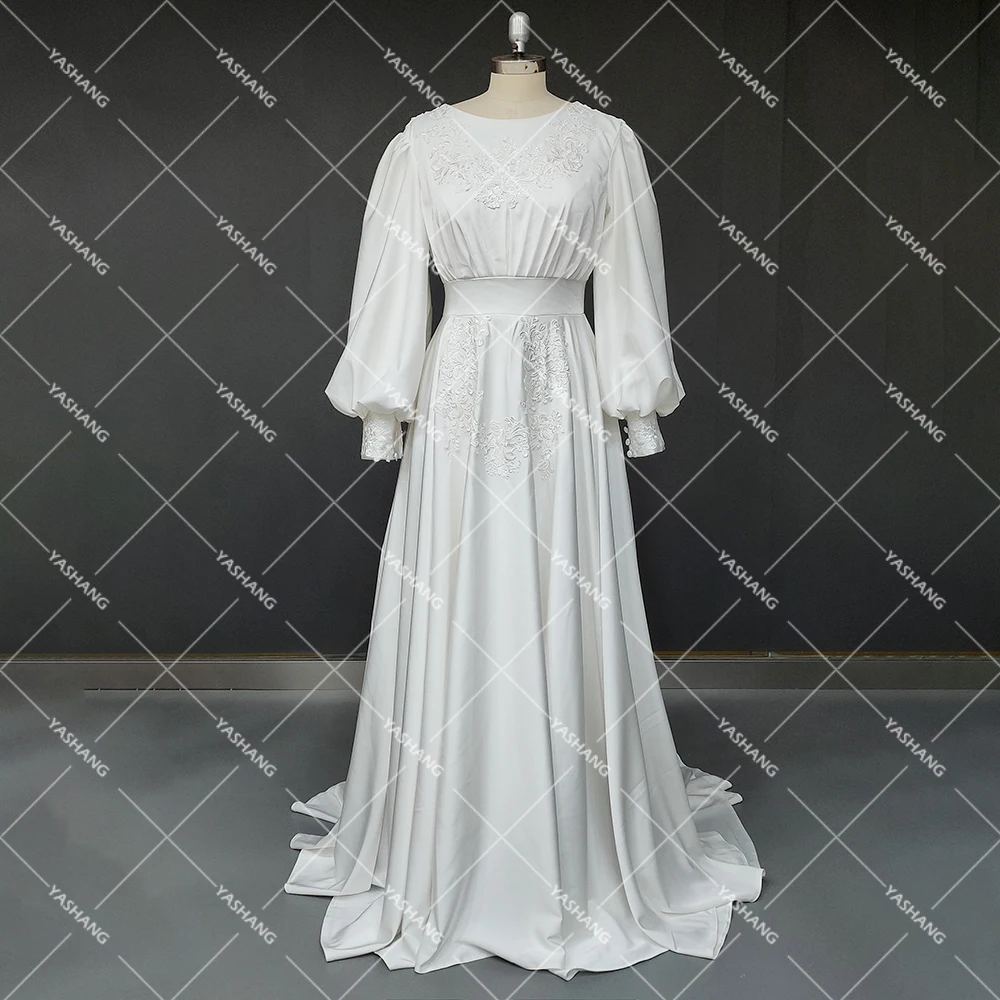 Vestido de novia de satén musulmán con mangas largas de obispo, apliques de cuello redondo de línea A, negro brillante, árabe, botones sin espalda, vestidos de novia