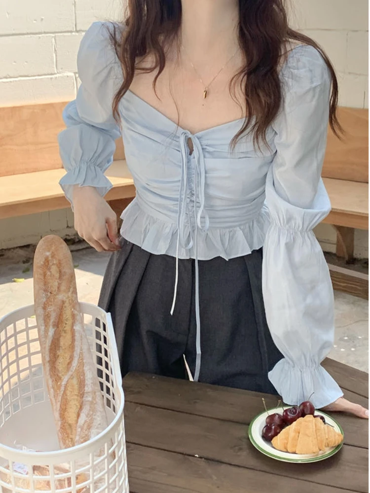 Blouses Women Sweet Solid Folds Thin Square Collar Flare Sleeve Slim Students Casual Summer Korean Style Popular Tender Tops Fit