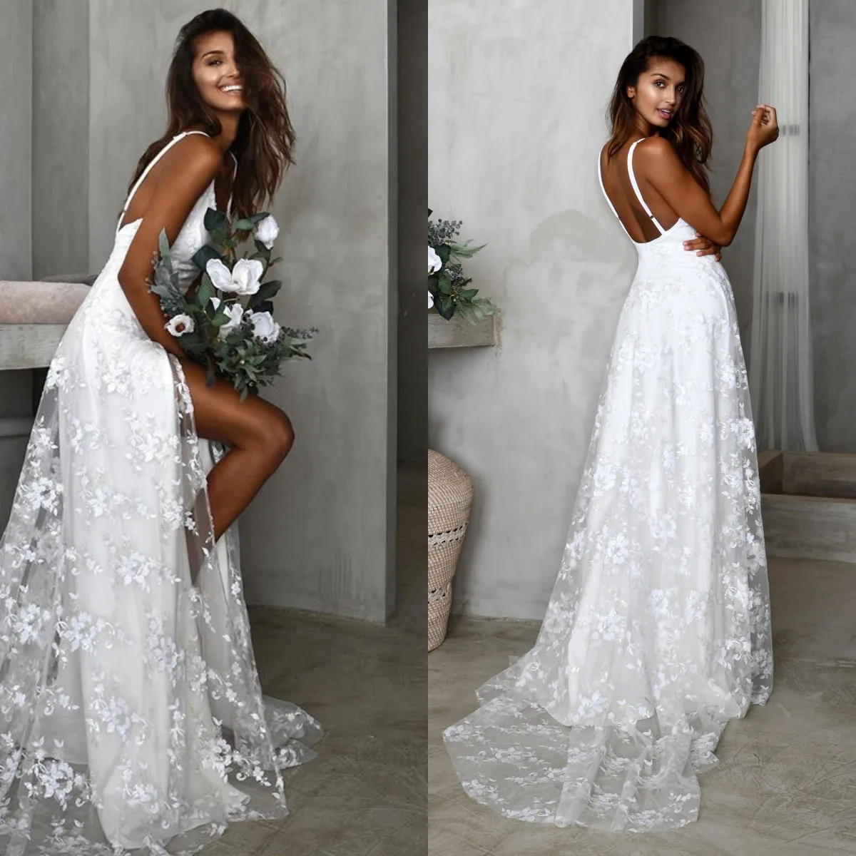 

New Split Wedding Dress Customized Bohemian Vestidos De Novia Garden Lace Robe De Mariée Country Plus Size Vestido De Noiva