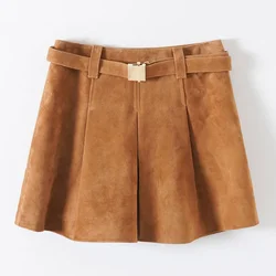 Summer Women Autumn Suede Leather High Waist Pencil Skirt Casual Soft Bandage Vintage Mini Suede Skirt