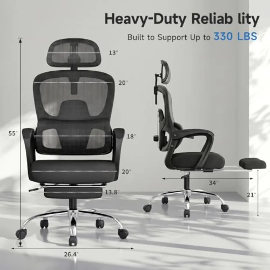 Ergonomic Office Chair with Footrest for Home/Office Use, Black Mesh Back and Seat, 90-145 Reclining with Lumbar Support