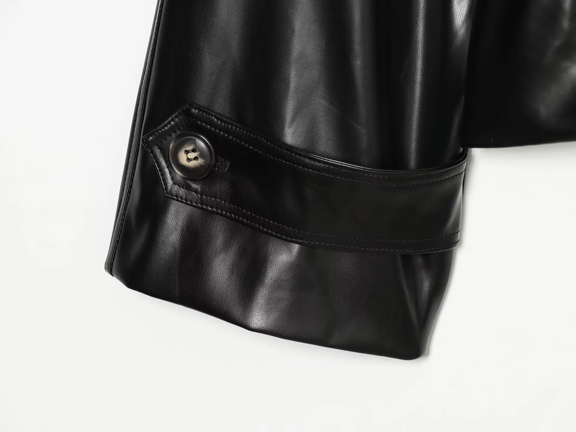 Women's Short Leather Effect Trench Coat, Lapel Double Breasted Windbreaker with Belt, Vintage Faux Leather Jacket
