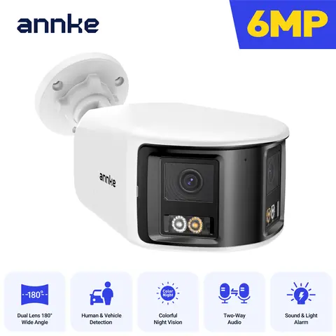 ANNKE 6MP Smart Dual-Light Panoramic Camera, 180° Dual-Lens Wide Angle, Human/Vehicle Detection, 30m Night Vision, Two-Way Audio, H.265+, 120dB WDR, IP67, PoE/DC12V, Outdoor Bullet & Dome Network Security Camera