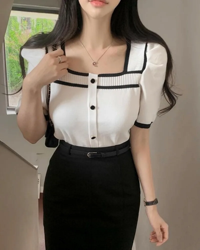 Contrast Square Collar Cardigans Femme Short Sleeve Sweater Single Breasted Ropa Mujer Knitwears 2024 Summer New Sueters