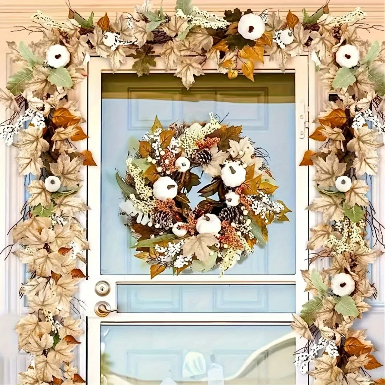 1 Stück Herbst-Ahornblatt- und Kürbiskranz, perfekt für Thanksgiving, Halloween, Weihnachten, Herbst, Party-Dekoration, festliche Wandbehang