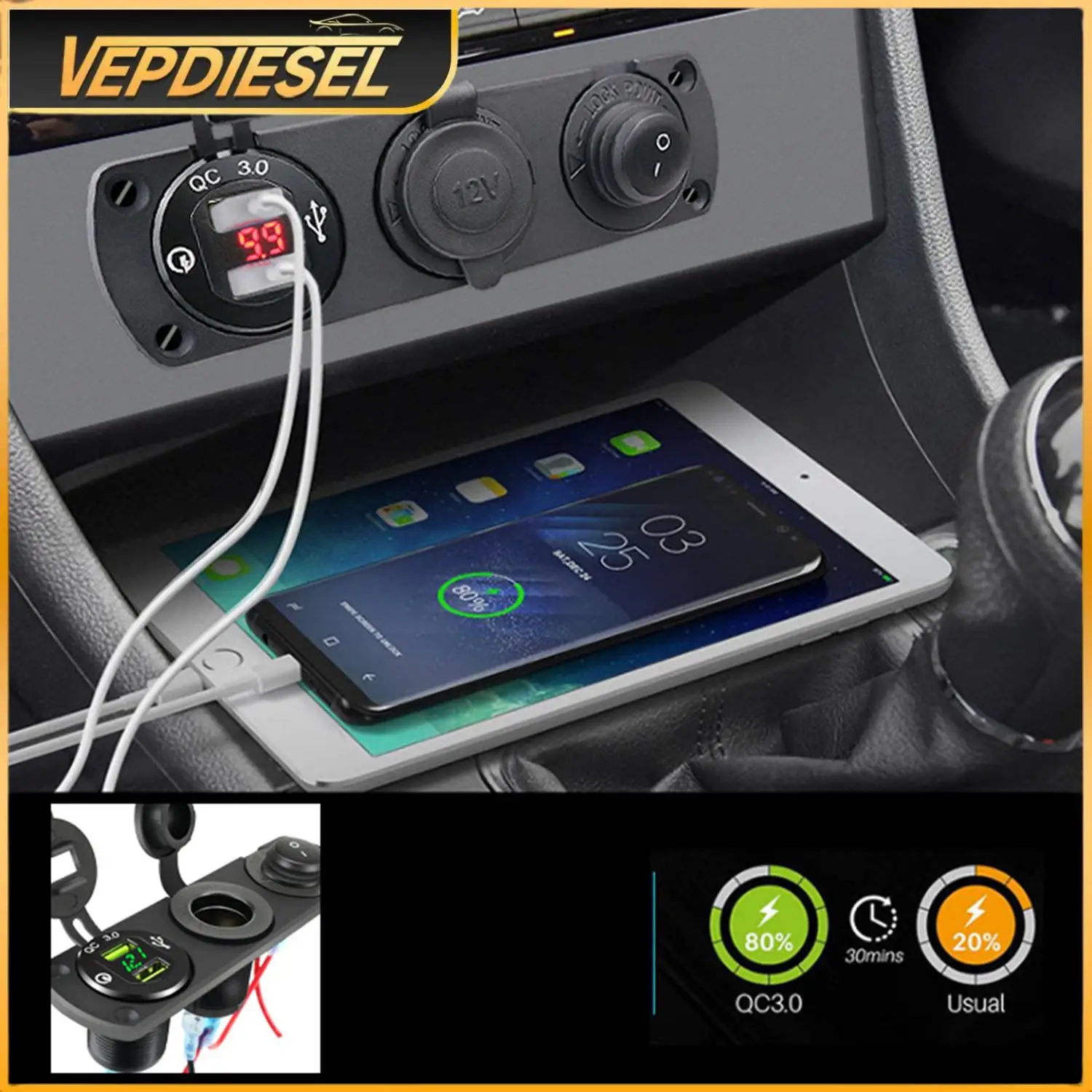 

12V Cigarette Lighter Socket 3 In 1 Car Dual QC3.0 USB Outlet Panel for RV Marine Boat Charger Socket Power Socket High Quality