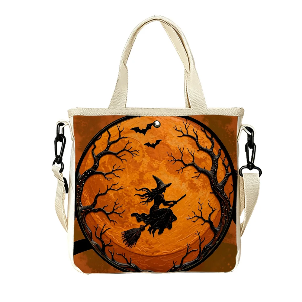 witch flying broom Floral Canvas Tote Bag Detachable Strap Crossbody Handbag For Women Daily Shopping