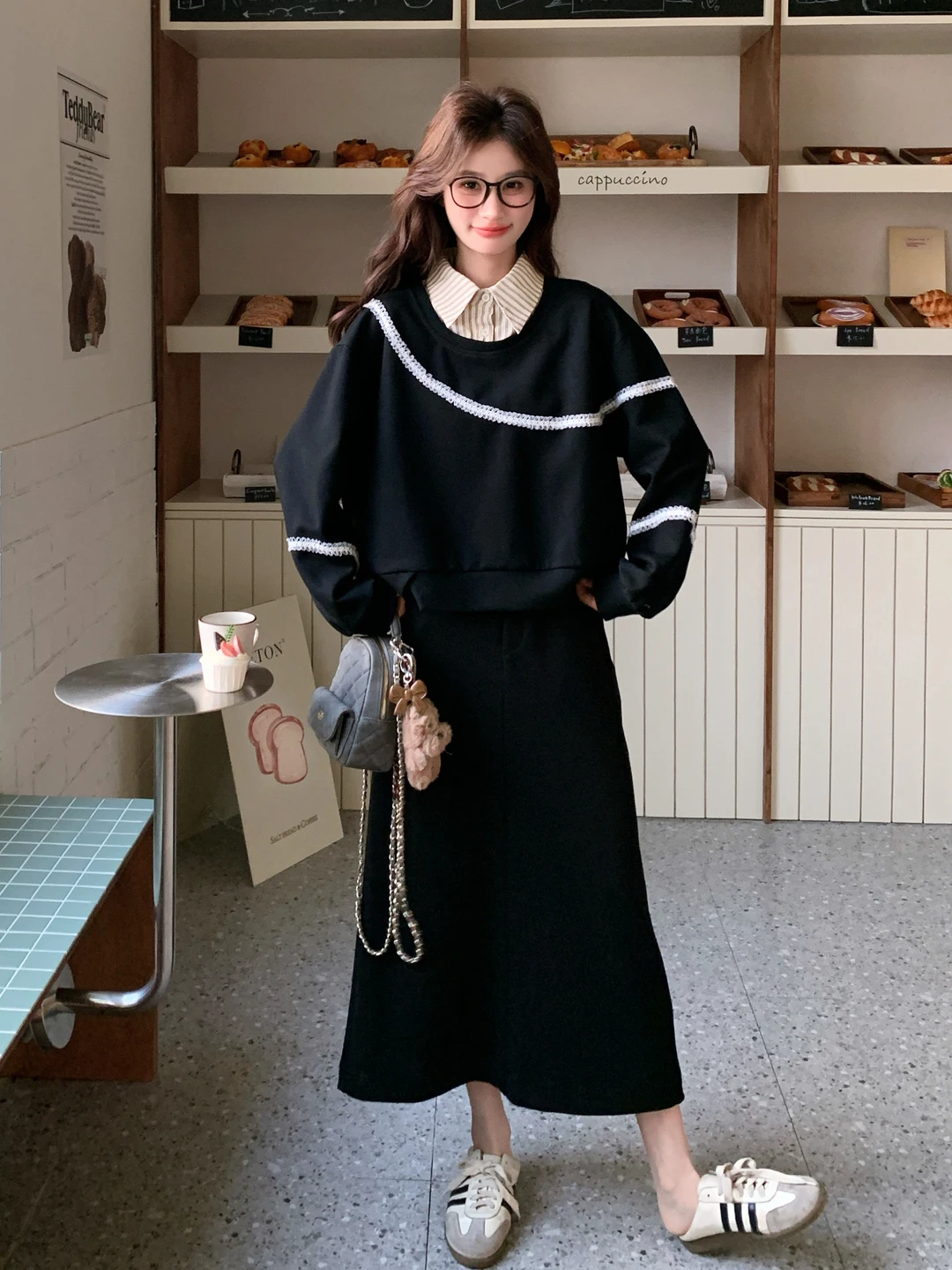 

Chic Black Shirt Collar Sweatshirt Set Women's High Waist Skirt Two Piece Suit Spring Autumn Fashion Casual Breathable