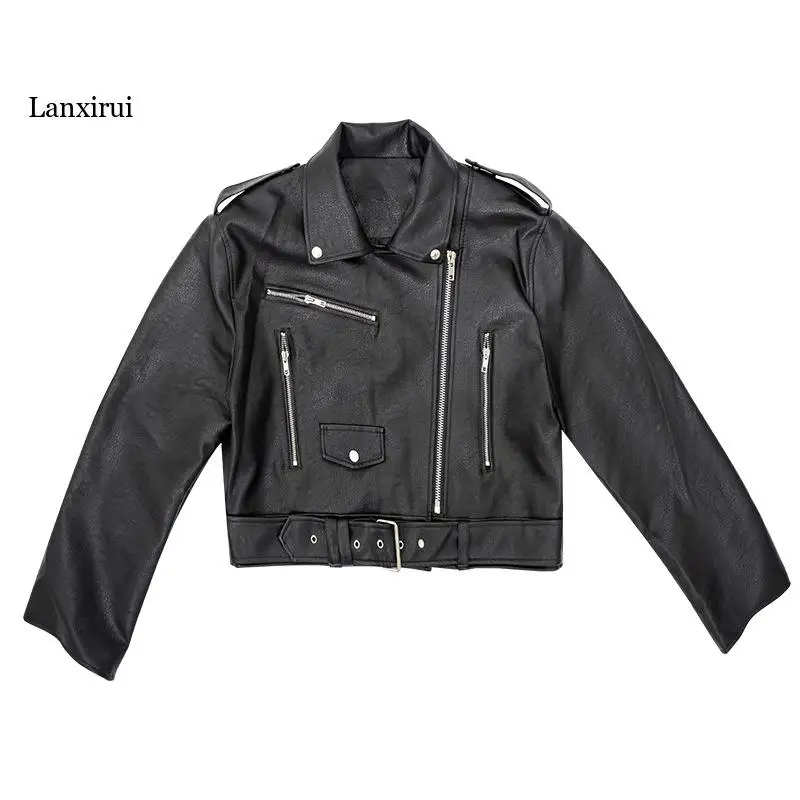 New Women Autumn Winter Black Faux Leather Jackets Zipper Basic Coat Turn-down Collar Motor Biker Jacket With Belt