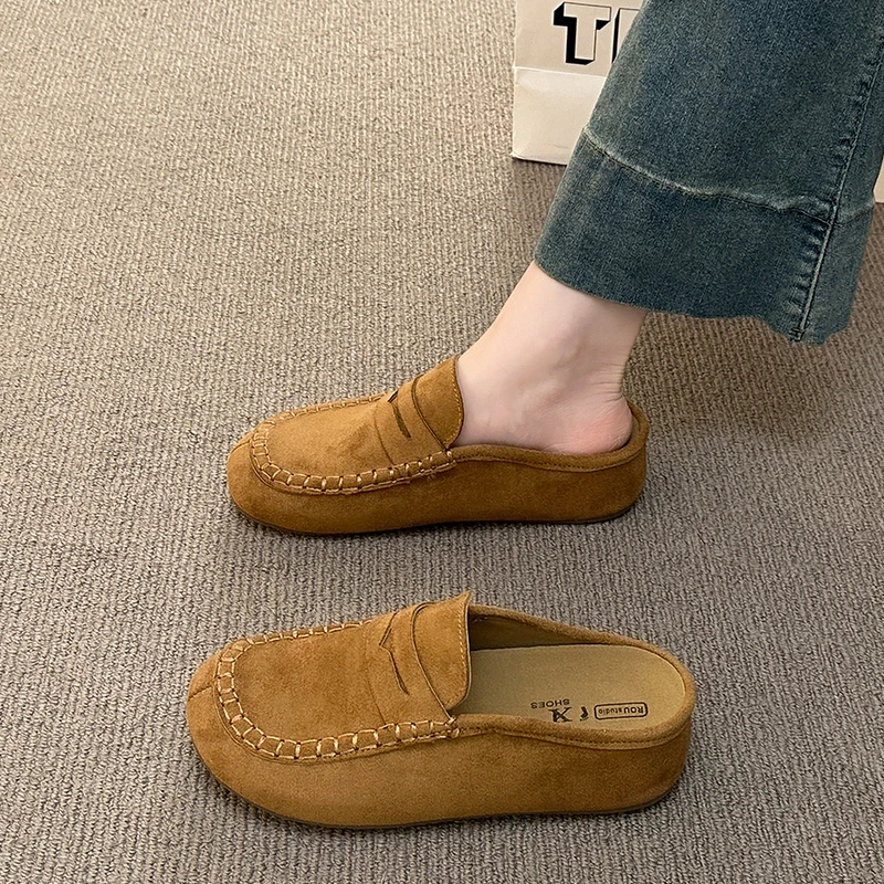 

Women's Thick Heel Indoor Heightening Slip-On Shoes Head Cover Half Slippers Spring Summer New Style Single Shoes