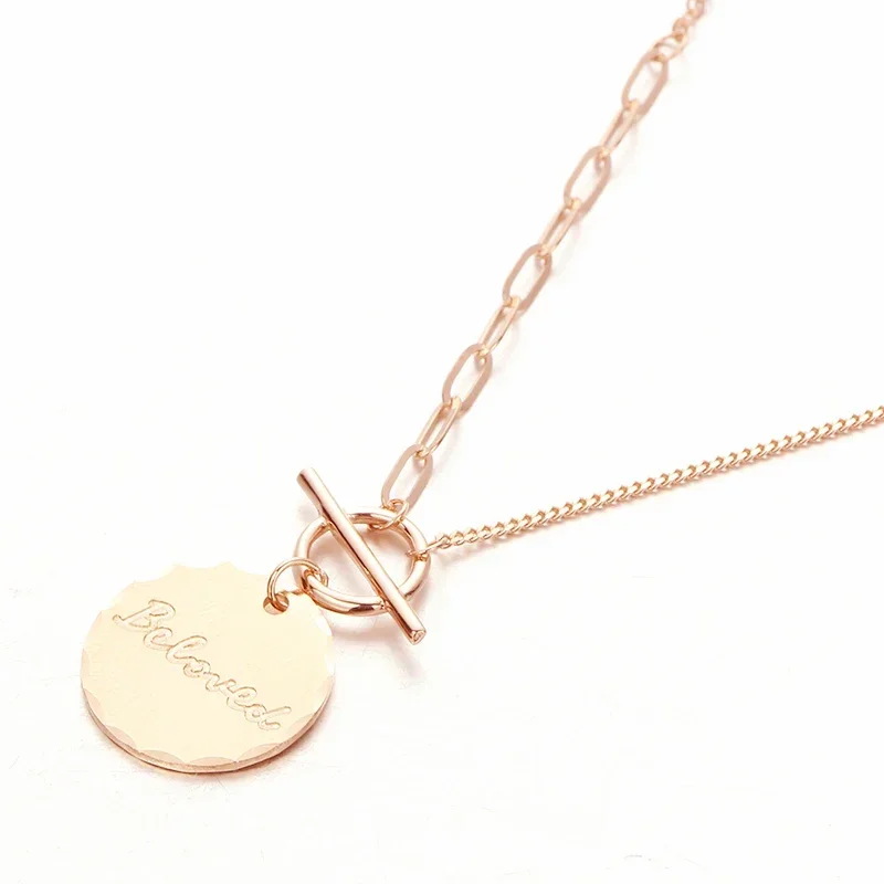 585 Purple Gold Plated 14K Rose Gold Round Glossy Letter Neckalce for Woman Fashion Chopin Chain Pendant Elegant Wedding Jewelry