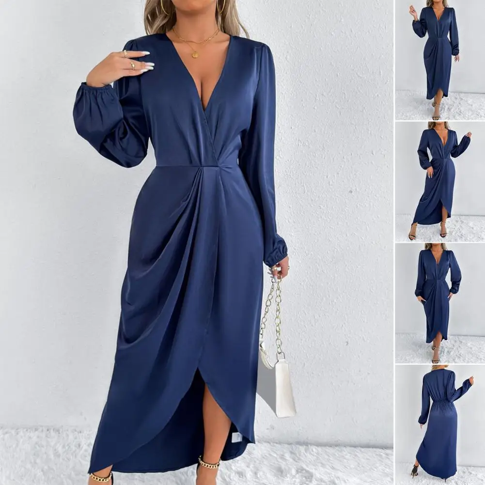 Vestido maxi de festa de noite de cetim feminino drapeado seda com decote em v manga longa senhora do escritório vestidos midi sexy chique robes longue
