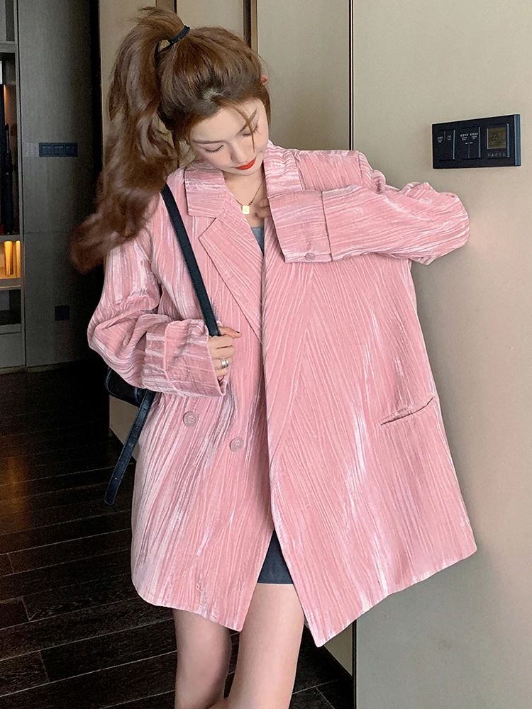 LANMREM Pink Blazers For Women Notched Long Sleeves Loose Big Size Female Korean Chic Coat 2024 Spring Autumn New 2DA3936