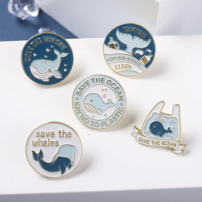 Save the Ocean Enamel Pins Stop Plastic! Brooch Humpback Whale Tail On the Sea Lapel Pin Badges Whale Clother Jewelry Wholesale