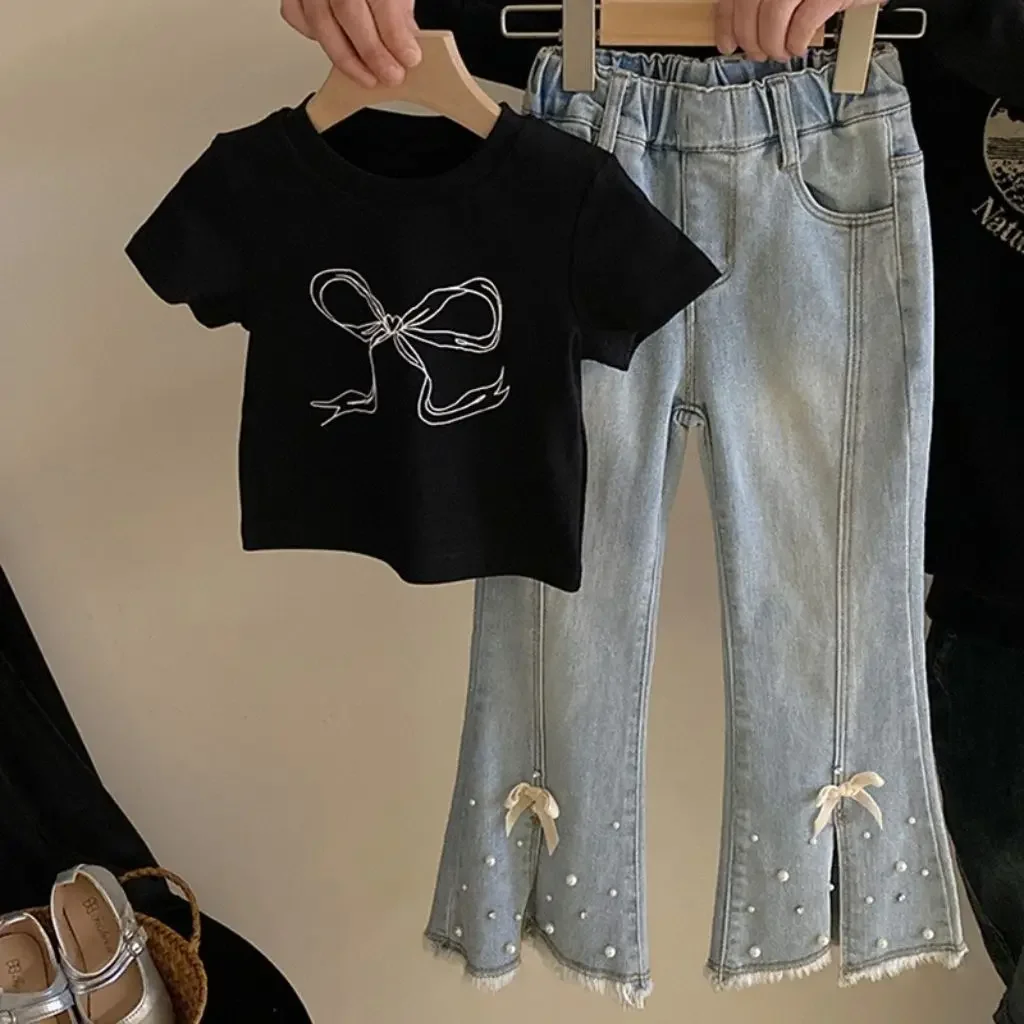 

Girls Summer Suit Fashionable Short-sleeved Bow Top + Flared Jeans Flared Pants Two-piece Suit Loungewear Outfit