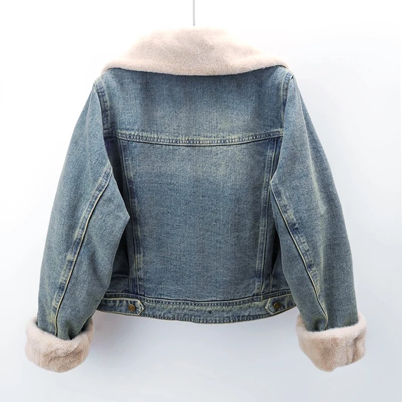 

Light Blue Dark Blue Korean Women Short Jeans Jacket Coat Casual Loose Winter Thick Warm Faux Mink Cashmere Liner Denim Jacket